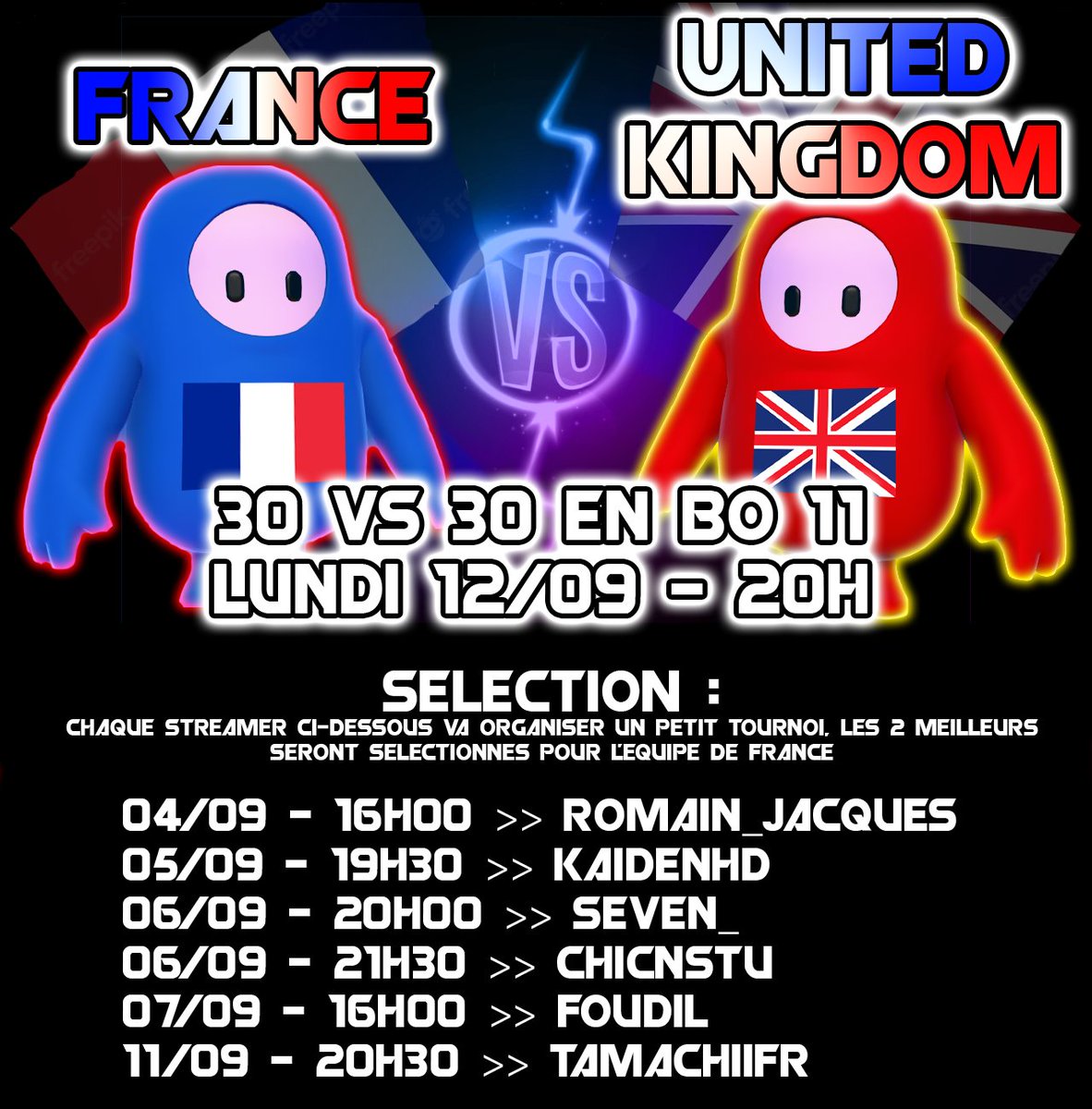TamachiiFR's tweet photo. Allez hop, on repart en 30vs30 sur @FallGuys_FR !

Cette fois ça sera contre le Royaume-Unis !

Ci-dessous les informations pour ceux qui veulent participer ! https://t.co/GZgN6DSH5F