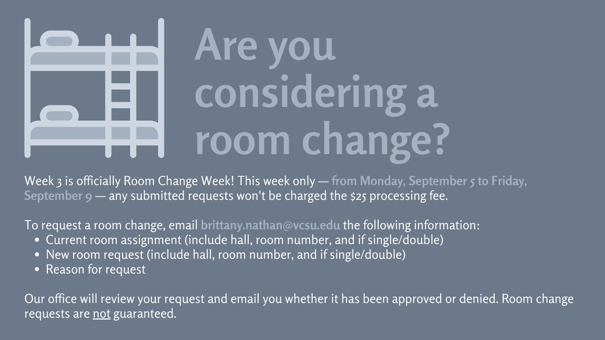 VCSUResLife's tweet photo. Are you considering a room change? 🔄
Zoom 🔎 and follow these directions!
#ResidenceLife #ResLife #VCSUResLife #RoomChange #Housing https://t.co/7dBZkgit2U