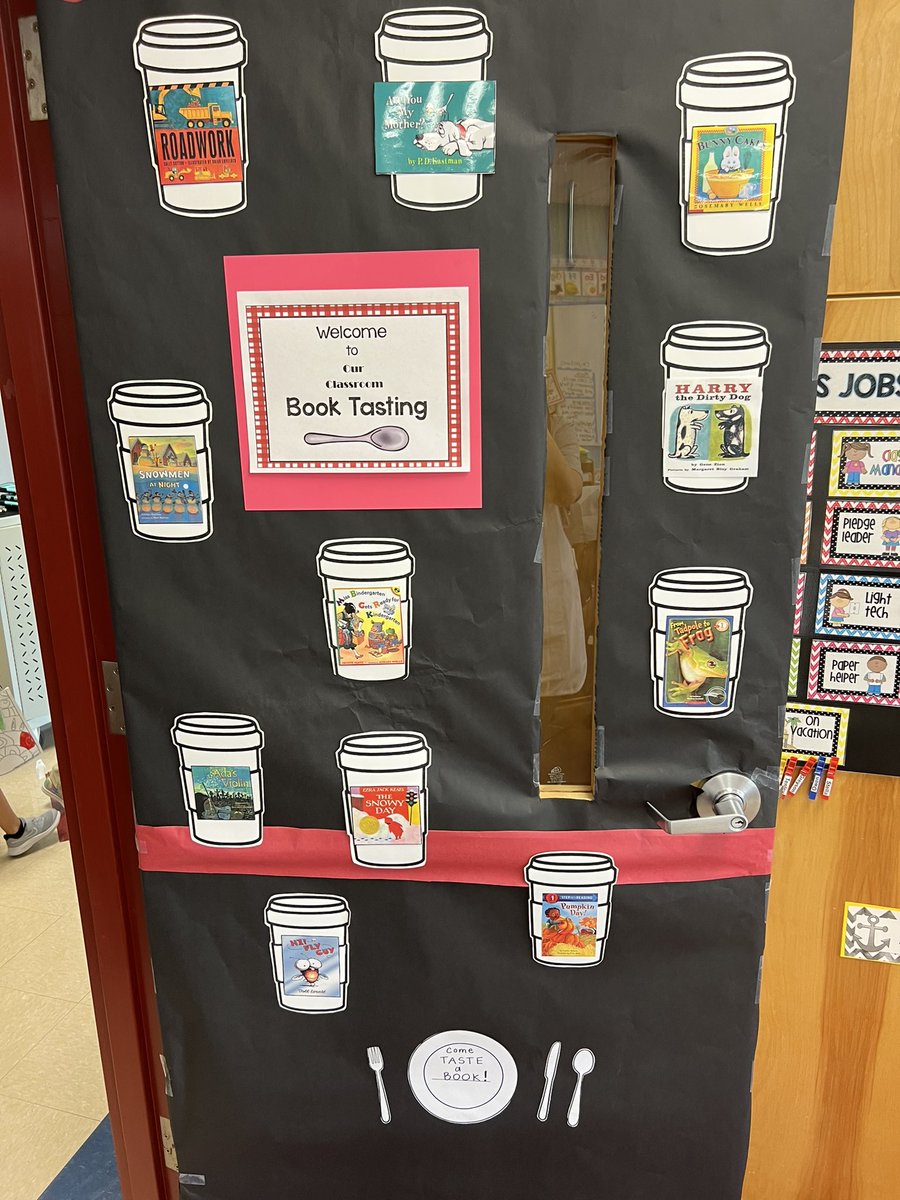 LacyDavis123's tweet photo. Book Tasting Cafe in Kindergarten! Students loved “tasting” the books we will be reading this year and learning about print concepts and genres! Thank you @CindylouLape for making our Cafe so adorable! #readingisfun #ilovemyjob #Bookworms https://t.co/rIHUc1X817