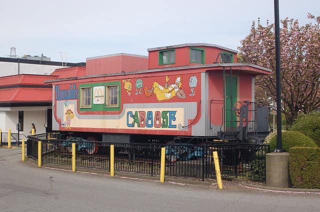 oldcanadaseries's tweet photo. A McDonald’s birthday party caboose in Vancouver in the 1990s at Boundary road and Lougheed. https://t.co/Heuw12nnLH