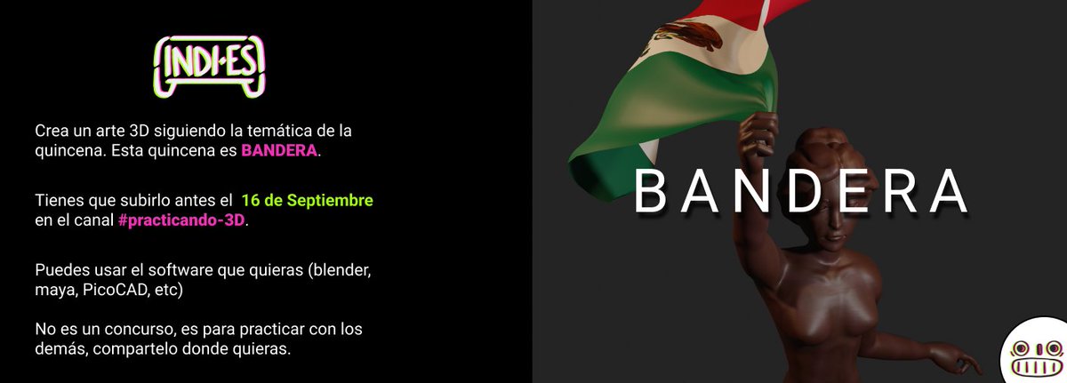 indi__es's tweet photo. ¡Terminamos otra quincena de práctica 3D!

El tema nuevo para esta siguiente quincena es: 
BANDERA

Los gráficos para este banner fueron otro aporte de Estefani BG, una gran artista que es parte de nuestra comunidad :D

La pueden seguir en: https://t.co/n2YP1wuwjg

#practicando3D https://t.co/rZfaSt7po3