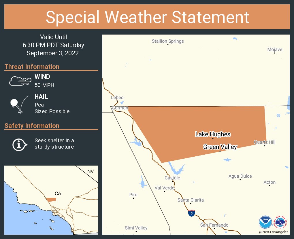 NWSLosAngeles's tweet photo. A special weather statement has been issued for Green Valley CA and  Lake Hughes CA until 6:30 PM PDT https://t.co/iWyfQHCVTc