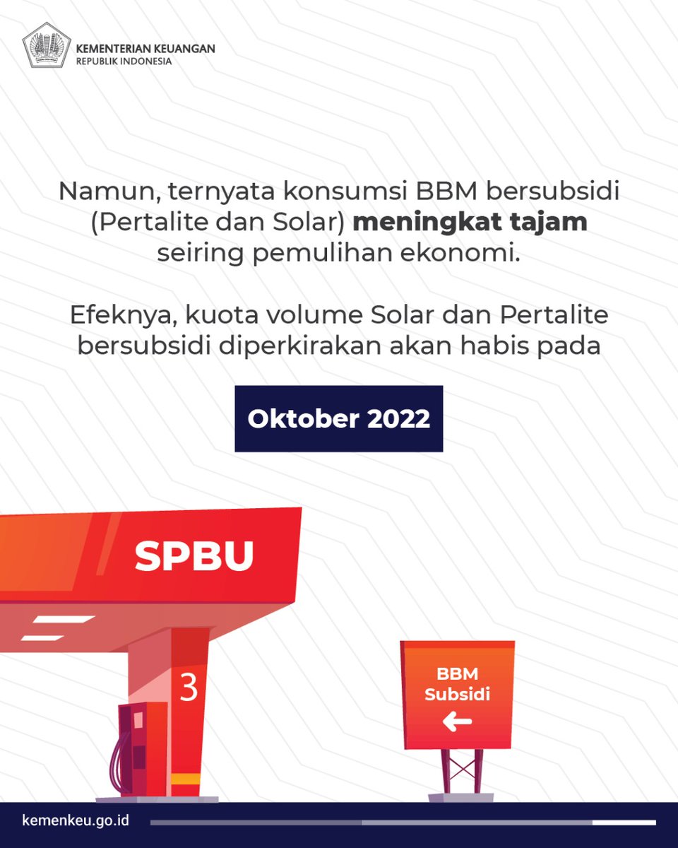 KemenkeuRI's tweet photo. Namun, ternyata konsumsi BBM bersubsidi (Pertalite dan Solar) meningkat tajam seiring pemulihan ekonomi.

Efeknya, kuota volume Solar dan Pertalite bersubdidi diperkirakan akan habis pada Oktober 2022.

Apa yang akan terjadi? https://t.co/KUxUHiYwun