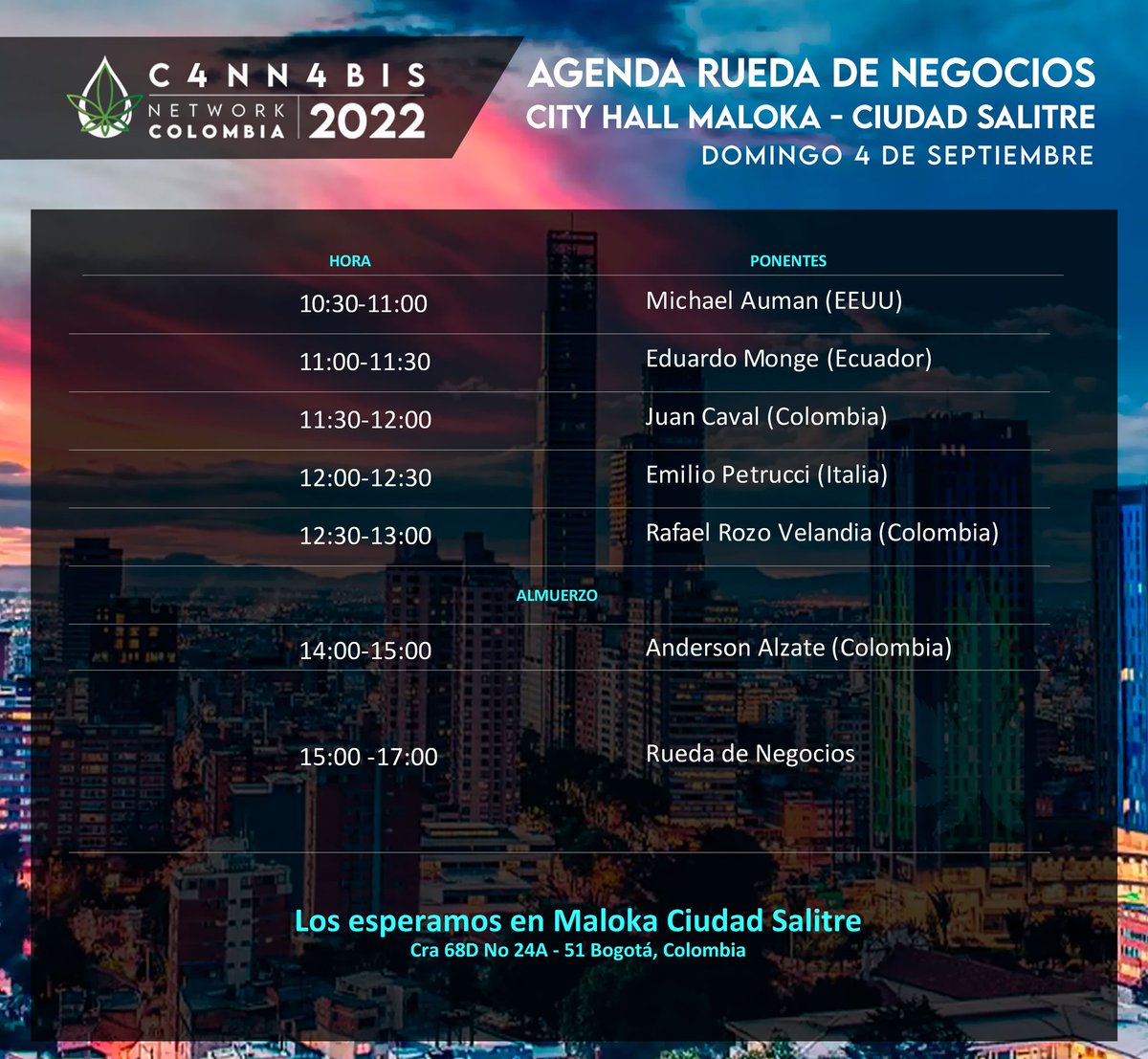 CannabisNetCol's tweet photo. Acompáñanos en nuestro tercer y último día de Congreso C4nn4b1s Network Colombia 2022, cerrando esta gran convencion con rueda de negocios 4 septiembre Maloka Ciudad salitre https://t.co/cVxWCiizrt
