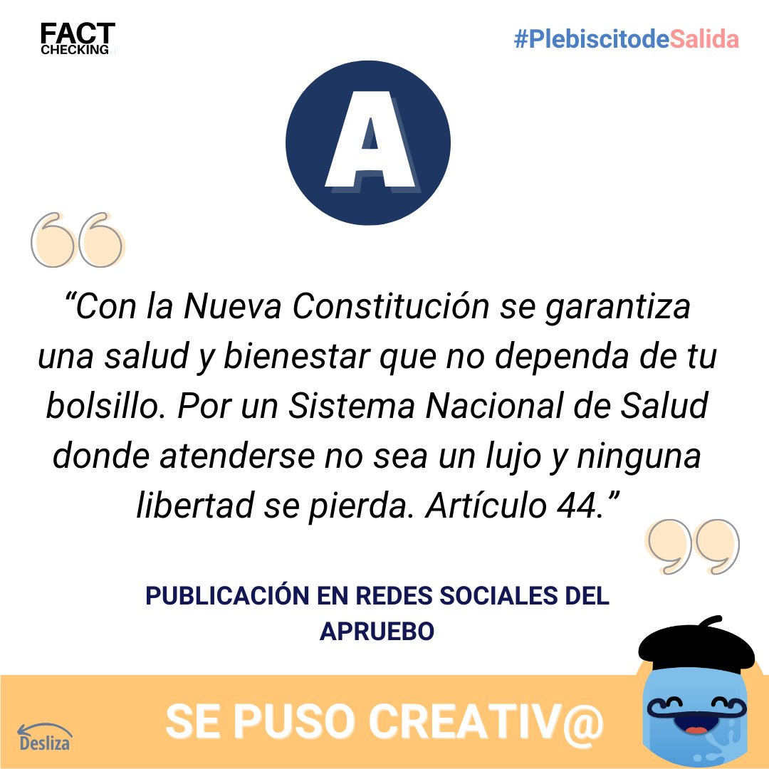 factcheckingcl's tweet image. 📢La Constitución propuesta garantiza el libre e igualitario acceso al sistema de salud, pero será la legislación futura la que definirá cómo.

Lee la verificación completa en el link: bit.ly/3RDpoKm

#PlebiscitoChile #Constitucion #Apruebo #Rechazo #Desinformacion