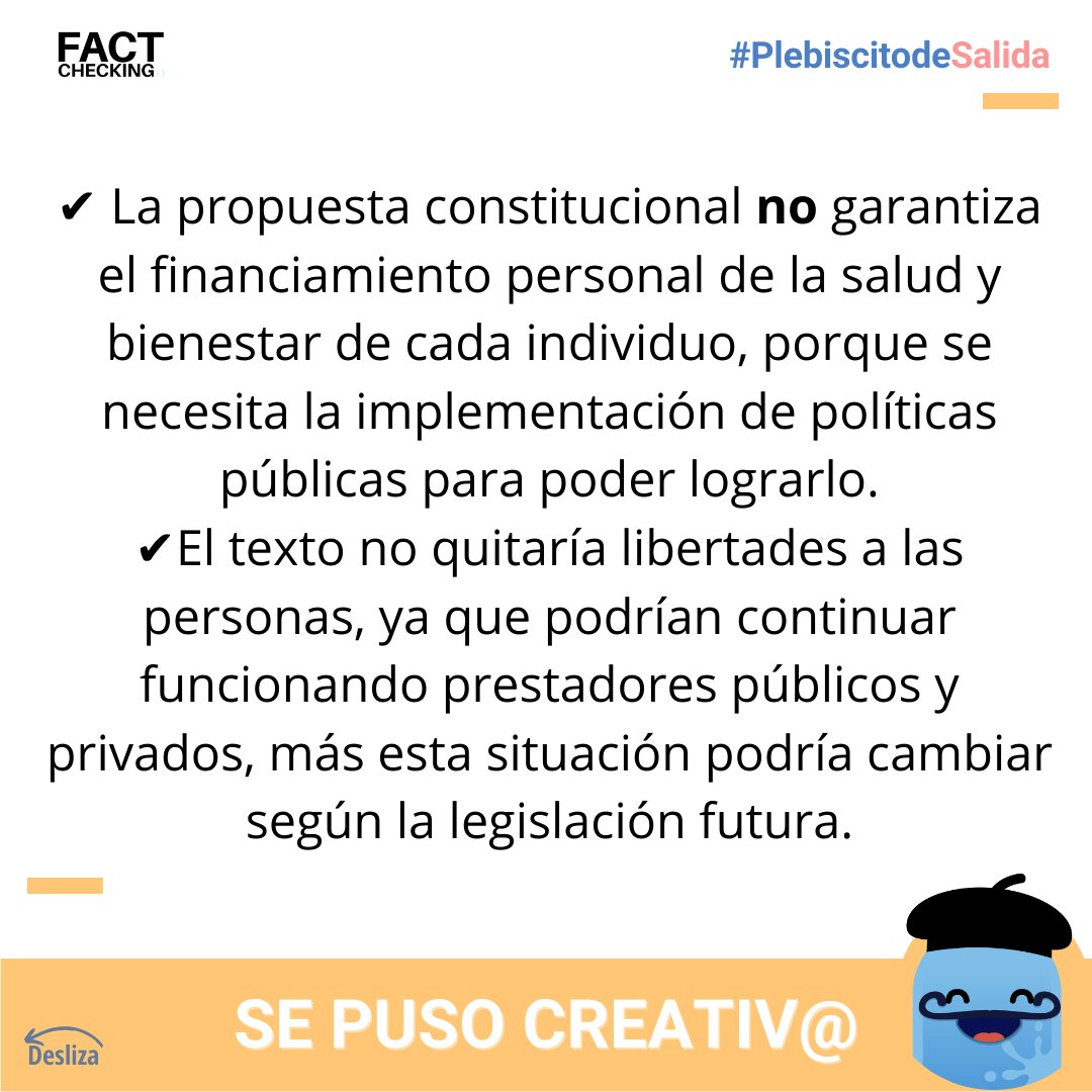 factcheckingcl's tweet image. 📢La Constitución propuesta garantiza el libre e igualitario acceso al sistema de salud, pero será la legislación futura la que definirá cómo.

Lee la verificación completa en el link: bit.ly/3RDpoKm

#PlebiscitoChile #Constitucion #Apruebo #Rechazo #Desinformacion