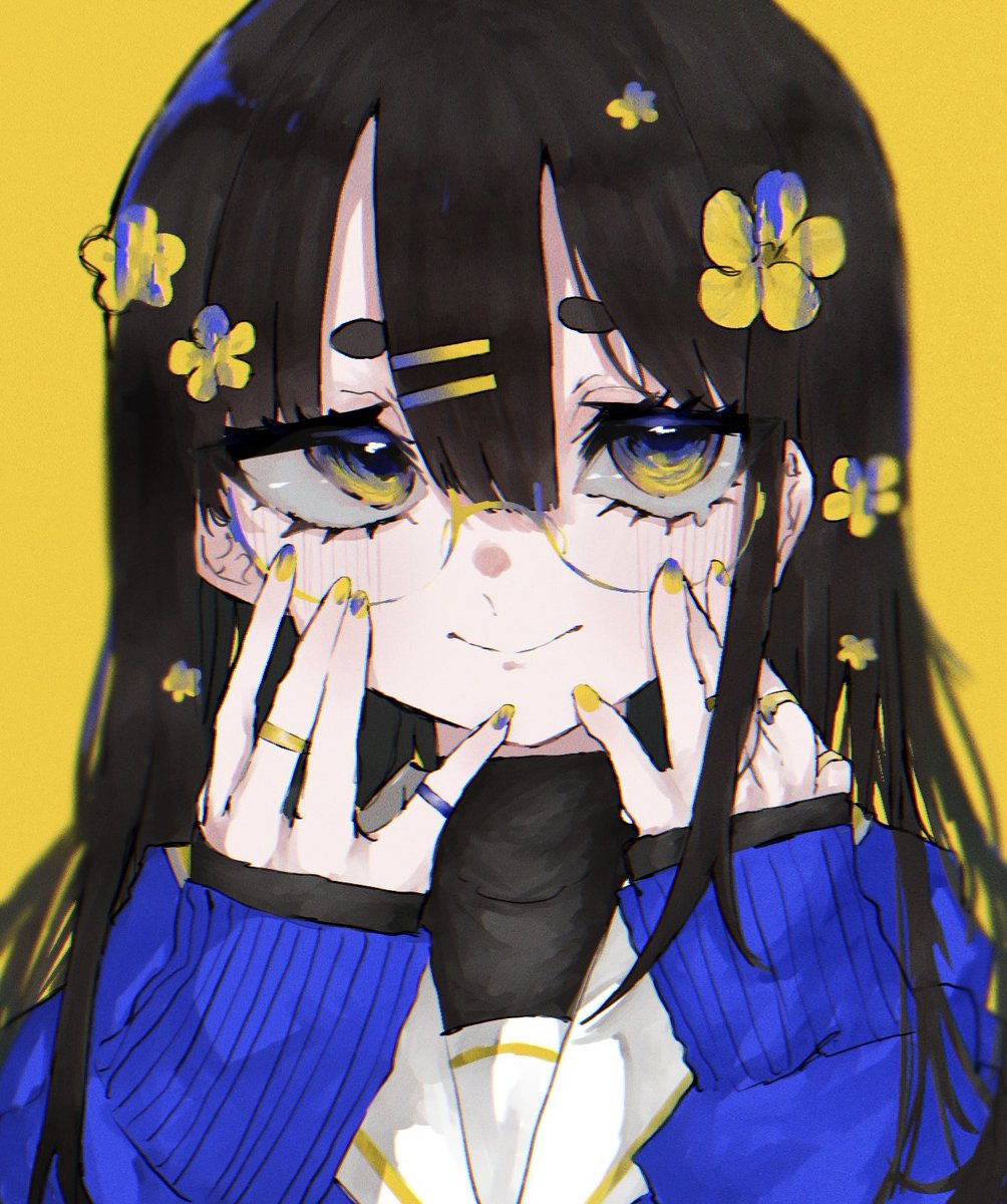 1girl solo hair ornament yellow background flower long hair black hair  illustration images