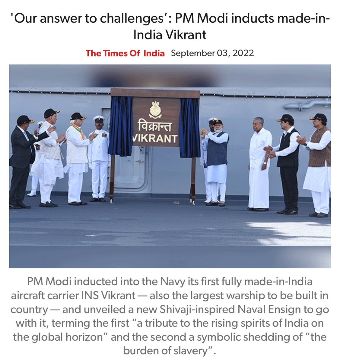 'Our answer to challenges’: PM Modi inducts made-in-India Vikrant timesofindia.indiatimes.com/india/our-answ… via NaMo App