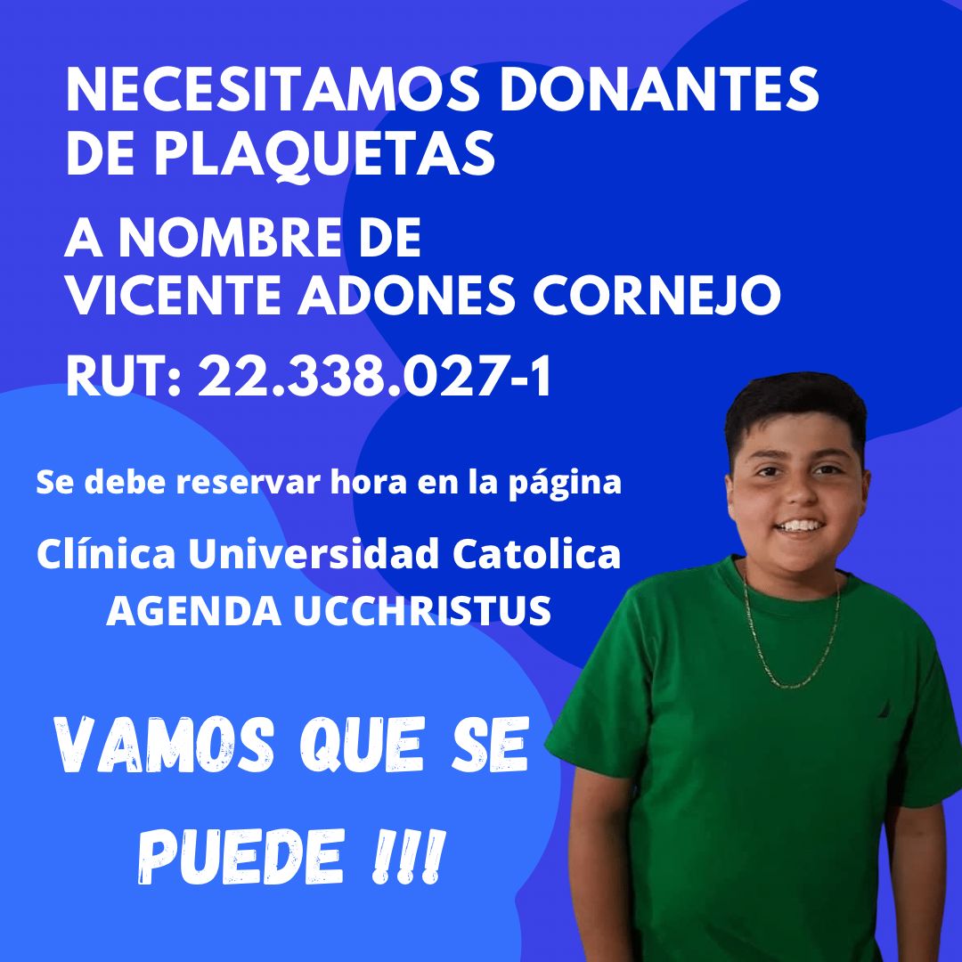OncoMamas's tweet photo. 📢URGENTE
Se necesitan #DonanteDePlaquetas para #VicenteAdonesCornejo de #Peumo en @ucchristus, en Marcoleta 345 #MetroUC #Santiago
Pide tu hora al https://t.co/4xWGHdGayB
Favor haz RT https://t.co/kH1stJANPC