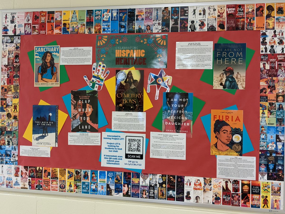 LCBProjectLIT's tweet photo. Started our month off by updating our board! #ProjectLIT is celebrating #Hispanic Heritage this month by highlighting Hispanic characters, stories, culture, and authors! See something interesting? Pop by our LCB Library (or a club meeting)! 
#WhatsTheWord #LCBird #oneCCPS https://t.co/uas62HrECz