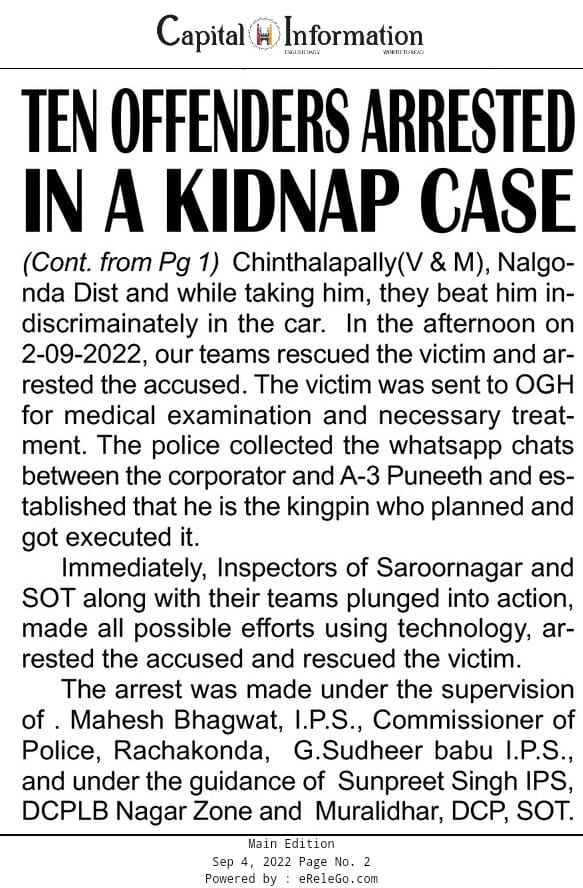 MalkajgiriCop's tweet photo. #SOT_LBNagar and @Saroornagarps Police nabbed ten offenders who were involved in a case of #Kidnap, #Abduction, #WrongfulConfinement, and #Thrashing. 
 
@TelanganaCOPs @cyberabadpolice @DCPLBNagar @AcpLbNagar https://t.co/tl65bC4Xyi