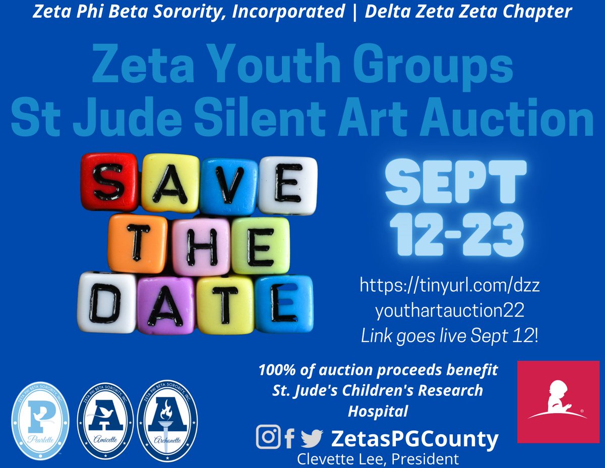 ZetasPGCounty's tweet photo. SAVE THE DATE!!!
Bookmark the auction link now!!! https://t.co/s5ZuvumGQe

You can also make a donation on the ZYA St Jude's Fundraising page: https://t.co/wLtxLVfrKk

#StJude
#ZYA #ZetaYouthGroups #Service
#ZetaPhiBeta #ZPhiB #MDZetas #AtlanticRegionZetas
#ZHope #ZetasPGCounty https://t.co/MhMtUYvDaB