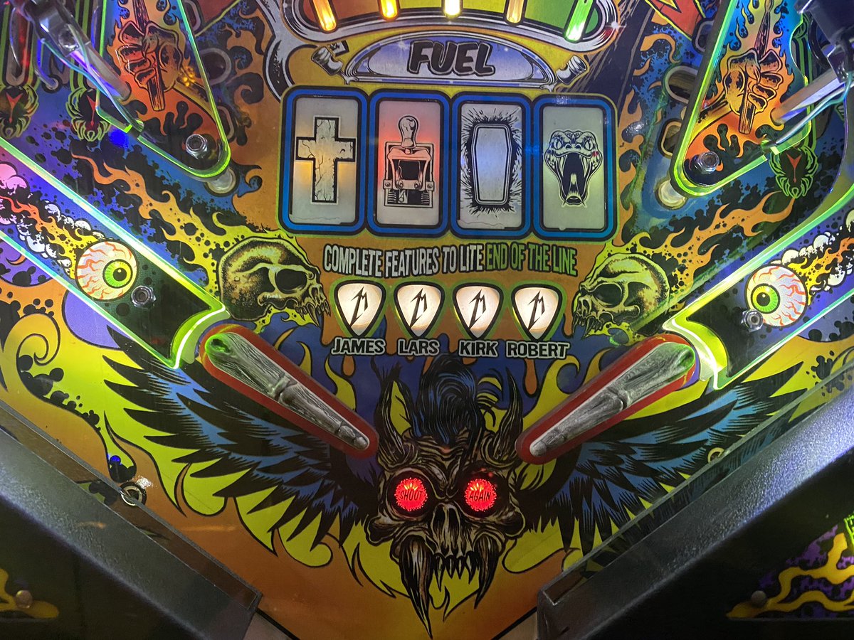 5thLounge's tweet photo. I love Shoot Again art in pinball machines. This is Metallica’s. #metallica #pinball #art #shootagain #5DL https://t.co/NS9lJxfyrE