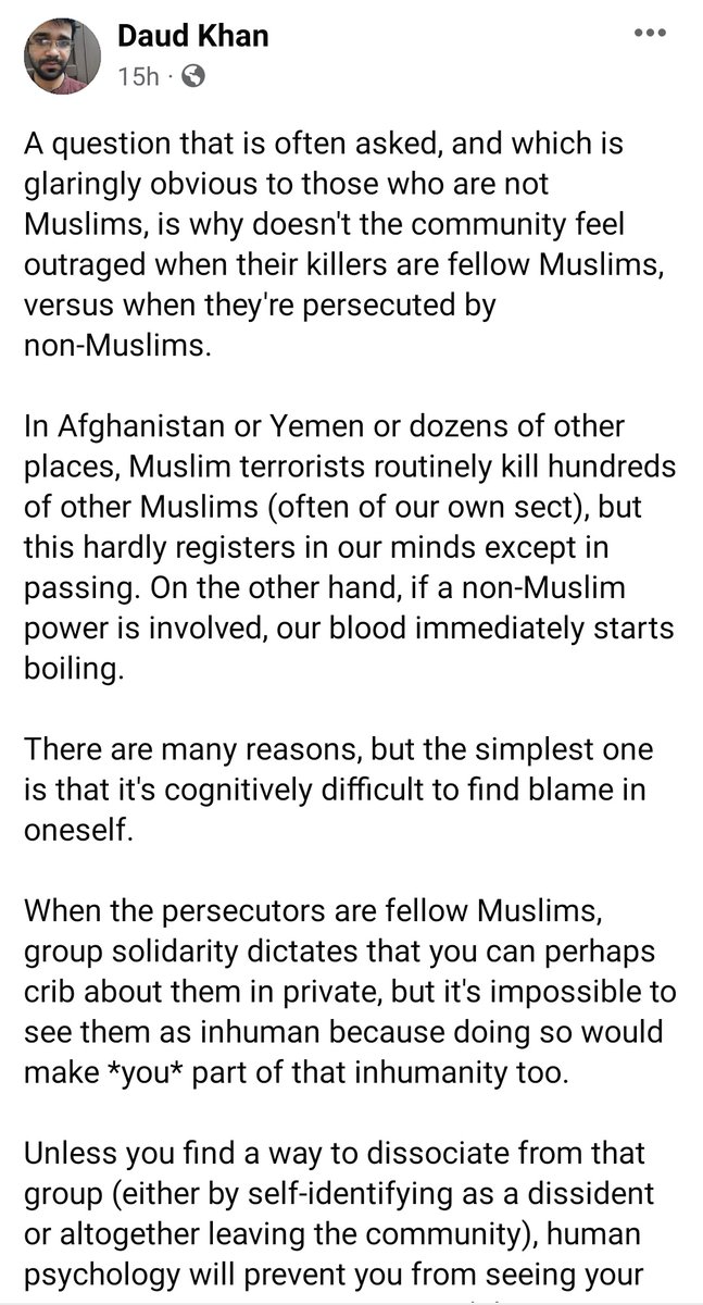arshiaunis's tweet photo. Daud Khan,a self-introspecting Muslim (a rarity) on why Muslims never outrage when their fellow co-religionists commit atrocities. https://t.co/vHpz9jDTBd