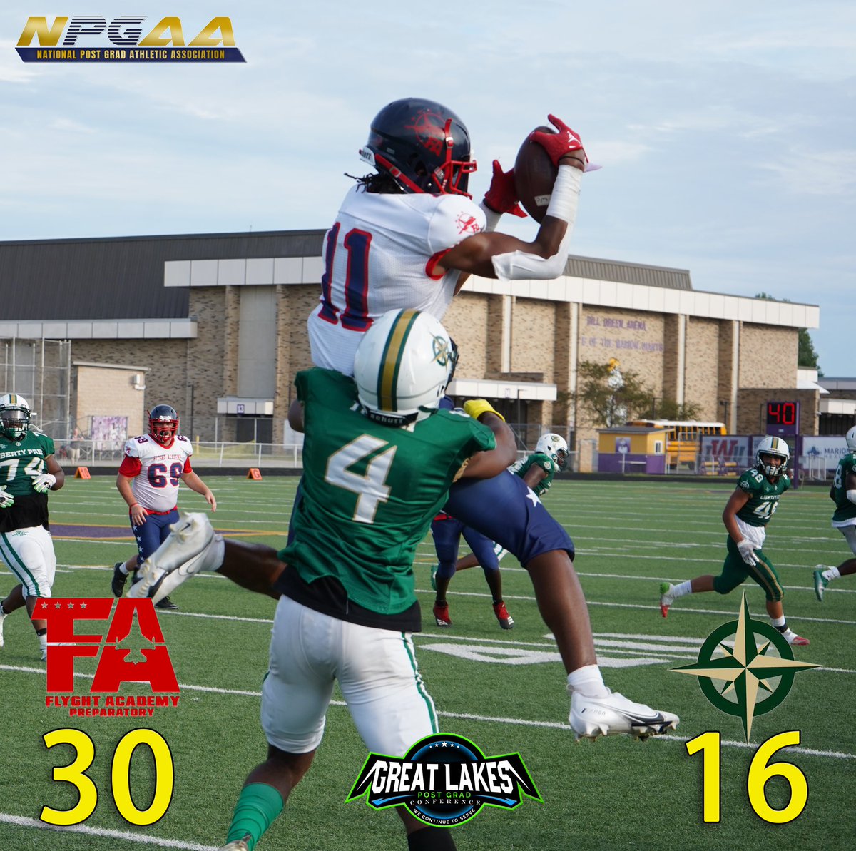 TheNPGAA's tweet photo. What a great battle it was in the @GreatLakesPGC as the @FlyghtPrepFB took down the @LPSA_FREEDMEN. A defensive battle it was for both teams but FLYGHT prevailed capitalizing on costly mistakes to edge out the win 30-16. https://t.co/ZRRtRPealO