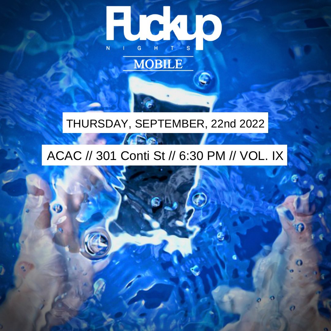 Mark your calendars for Vol. IX - Thursday, September 22nd, 6:30 pm - 9:30 pm at ACAC. 💜💛💚

Click the link below to make sure you join our email list to know when tickets are live and to stay in the loop on everything Fuckup Nights Mobile! 🎟🤬🎭

lnkd.in/gEFBue4J