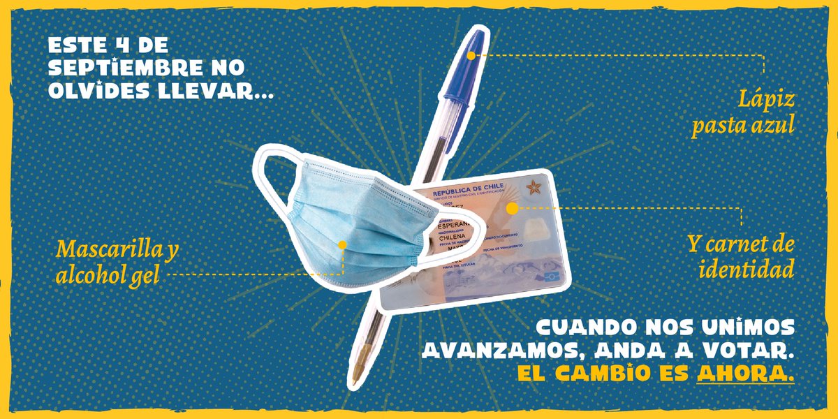 Ya tienes listas tus cositas para votar? 🤭

Déjalas listas hoy para que mañana tomes desayuno y te vayas derechito a votar 🗳 Lleva tu mascarilla, lápiz azul y tu cédula de identidad 🖊

Parece que va a estar caluroso, así que echa una botellita de agua y bloqueador ☀️