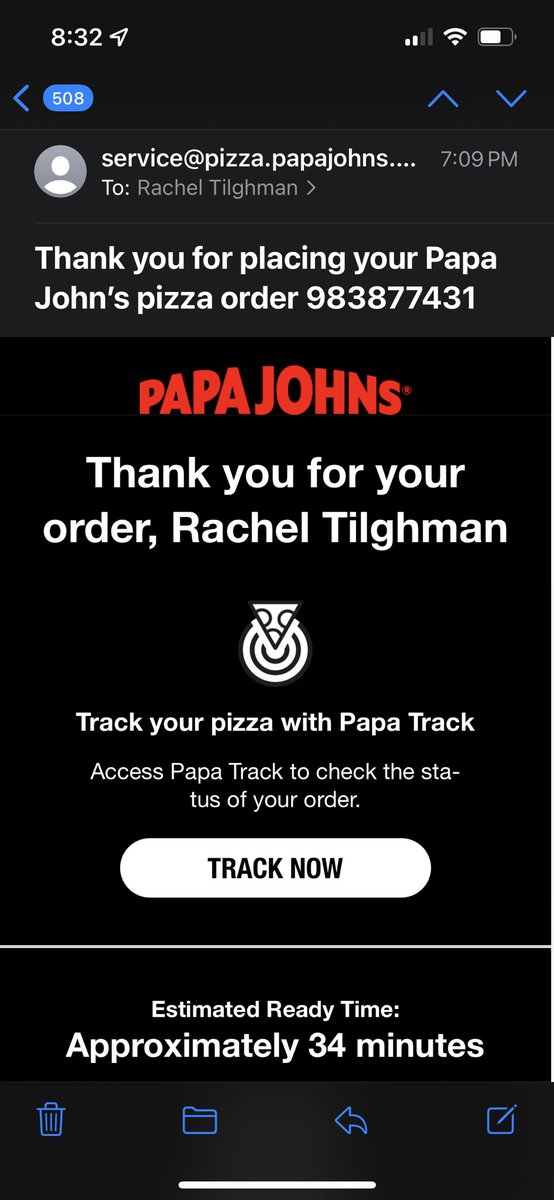 RachelTilghman's tweet photo. … we ordered at 709. It’s 833 pm and still no pizza. What’s up @PapaJohns https://t.co/YQix57izbI