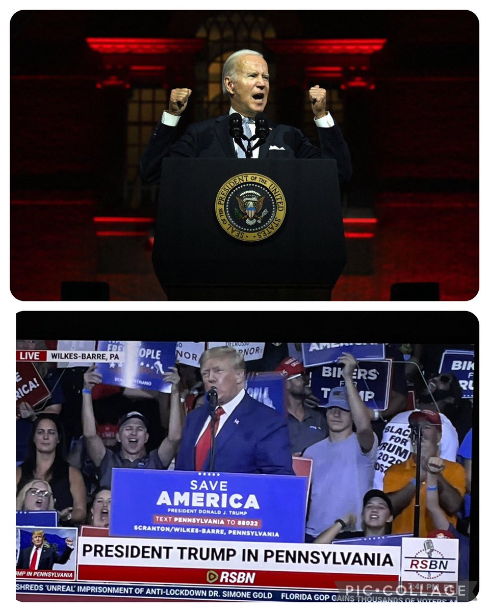 JackieDuVall8's tweet photo. Two speeches in one week in a very key state! 

One speech full of hate, darkness, and division.

Another speech full of love, unity, and light.

The difference can’t be any clearer!

#BidenSpeech #TrumpRally #TRUMP2024 #TrumpRaid https://t.co/3i1JWBzJGE