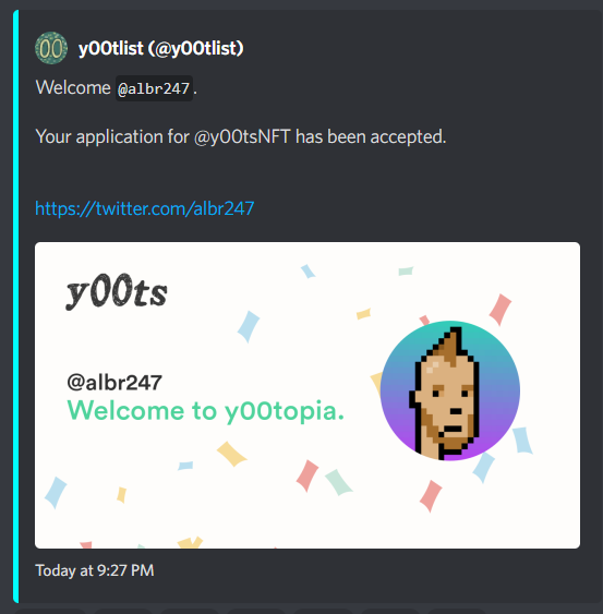 albr247's tweet photo. Holy moly...🤯I was honestly not expecting this. 

I am just a little guy in this space, but I work my ass off to try to support and help communities like @PunksOnSolana and @SheerLucknft, so this means a lot! ♥️

Thanks so much @DeGodsNFT @y00tlist @y00tsNFT @frankdegods  👑 https://t.co/jc0zvRkiIF