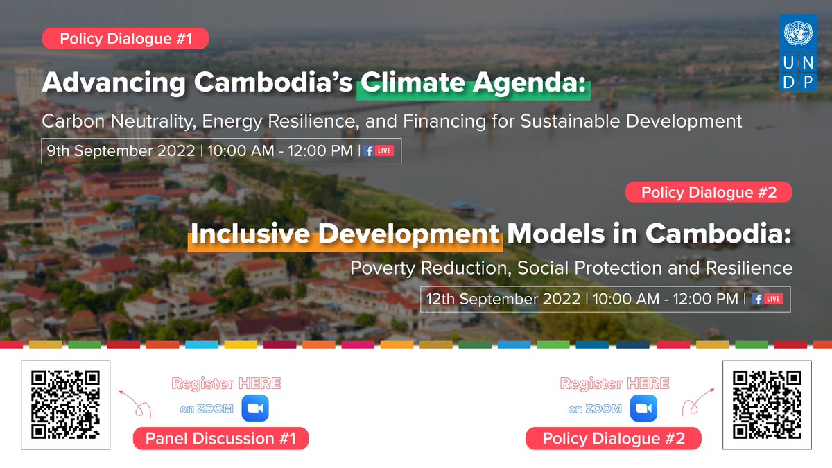 UNDPCambodia's tweet photo. 📢 SAVE THE DATES &amp; Join our Policy Dialogues on:

✅ Advancing #Cambodia’s Climate Agenda
📅 09 Sept
Register (Zoom): 🔗https://t.co/3HToyiUAcK

✅ Inclusive Development Models in Cambodia 
📅 12 Sept 
Register (Zoom): 🔗https://t.co/629zrRu2qy @ACRundp @iggalba @P_DallaStella https://t.co/tEoOmyTdjc