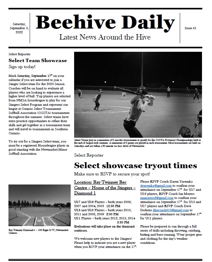 Newmarket Stingers Select Tryouts Showcase - Saturday, Sept 17th for all interested female softball players U11-U19. Please RSVP the coach of your age division to confirm your attendance. Join the fun, #BringtheSting with Select in 2023! Full details below.  <a href="/TownofNewmarket/">Town of Newmarket</a> 🥎🐝