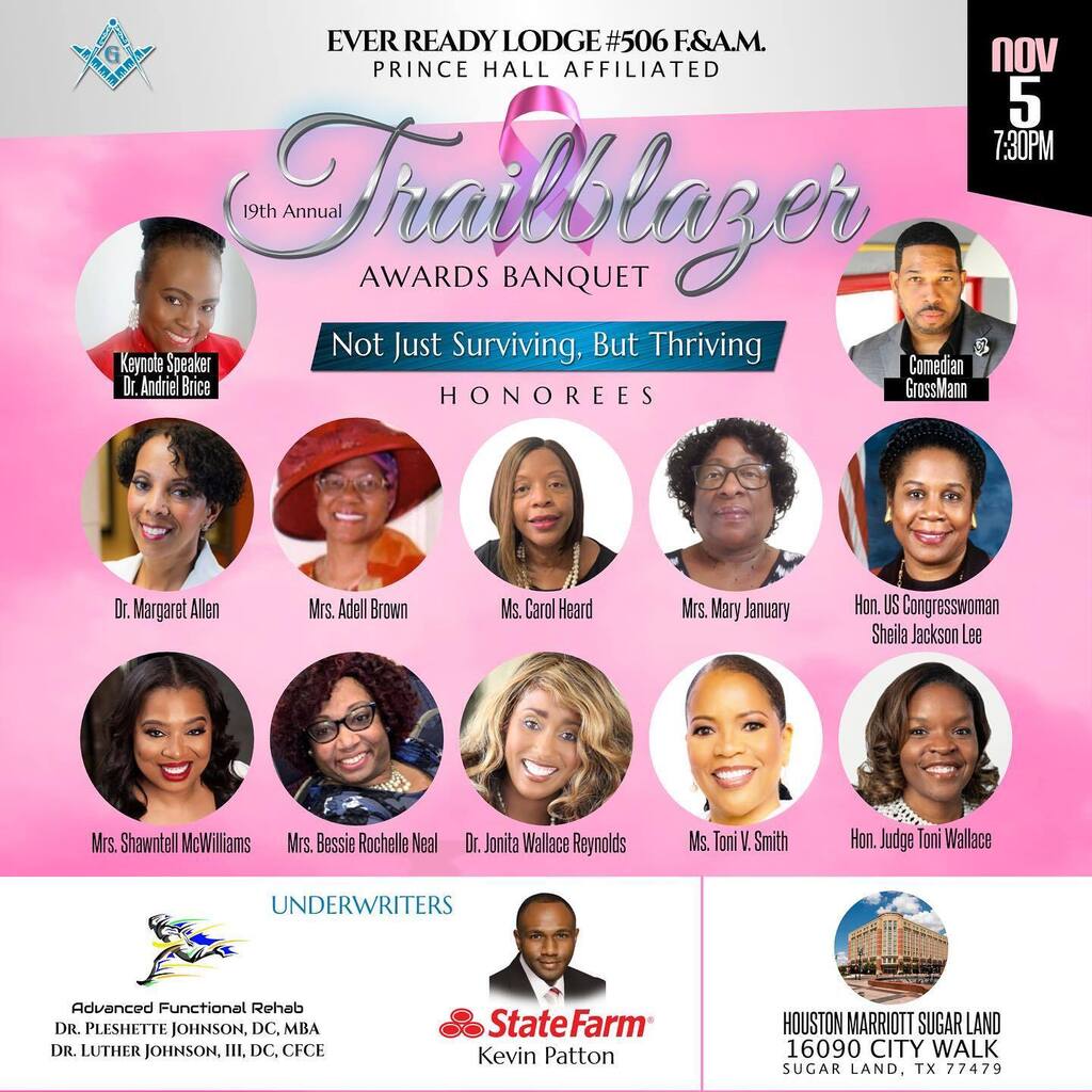 EverReady506's tweet photo. Saturday, November 5th, Ever Ready
Lodge #506 hosts it's 19th Annual Trailblazer Awards
Banquet, honoring various breast cancer survivors
from our community. Dr. Andriel Brice - Keynote
Speaker, @comediangrossmann - Emcee and DJ
Confusion will be on the … https://t.co/XKNNAx74hK https://t.co/M2bwKmfpJ2