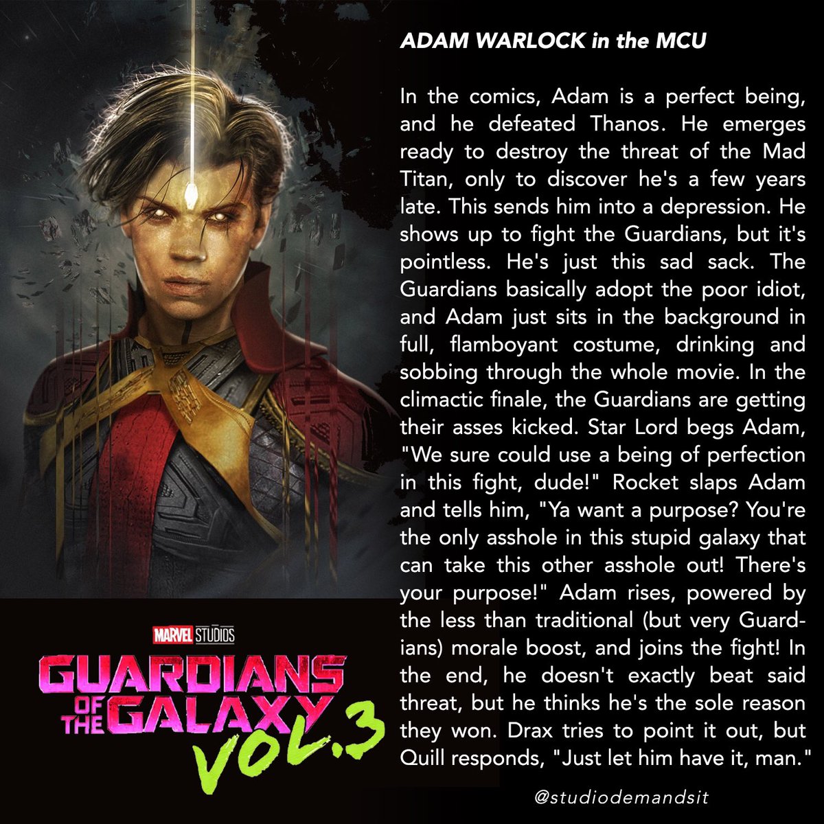 StudioDemandsIt's tweet photo. We are beyond certain the @JamesGunn has this handled. He’s one of the all-time greats! 💕But, here’s how we’d play with Adam Warlock in #GuardiansOfTheGalaxyVol3. 

#mcu #jamesgunn #adamwarlock #starlord #ChrisPratt #MarvelStudios #Avengers #willpoulter https://t.co/5jO9qe4zAz