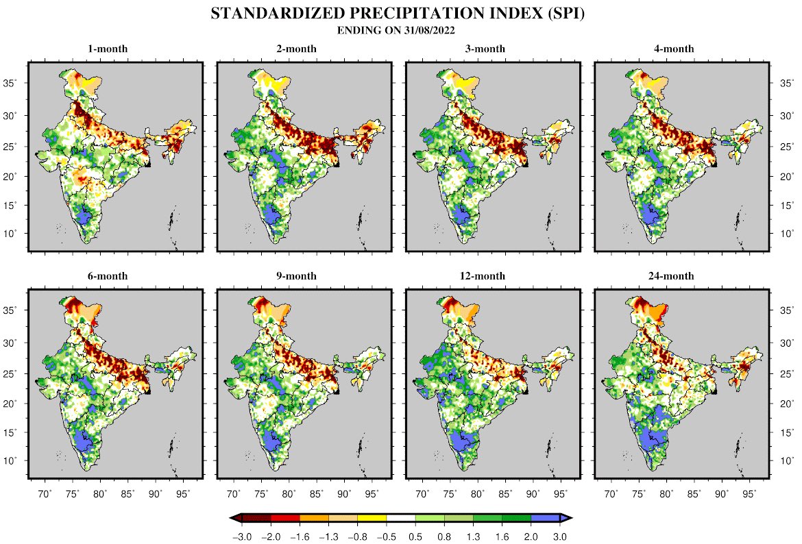 Based on August rainfall (1 month SPI) drought has started building up in parts of Maharashtra, Telangana, and Gujarat! Rainfall in September will be crucial for many drought affected regions in the country! Source: India Drought Monitor: sites.google.com/a/iitgn.ac.in/…