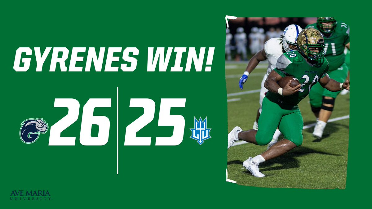 GyreneFootball's tweet photo. ALWAYS FIND A WAY.

Ave Maria takes down Lawrence Tech in the Gyrene Field opener, 26-25! https://t.co/wgnK0uhgEv