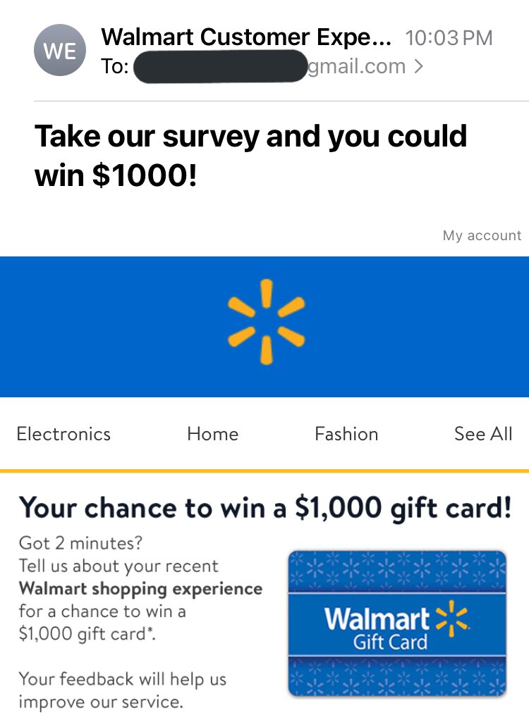 thisdreamergirl's tweet photo. @Walmart Be honest, you’re not sending “winners” $1000. I’ve filled out this survey so many times and I am guessing it’s just a ploy to get people to answer. I want to see one person who has “won” (that’s not an employee) I could use the “winnings”.  I’m done filling this out. https://t.co/Mzwx8IKckX