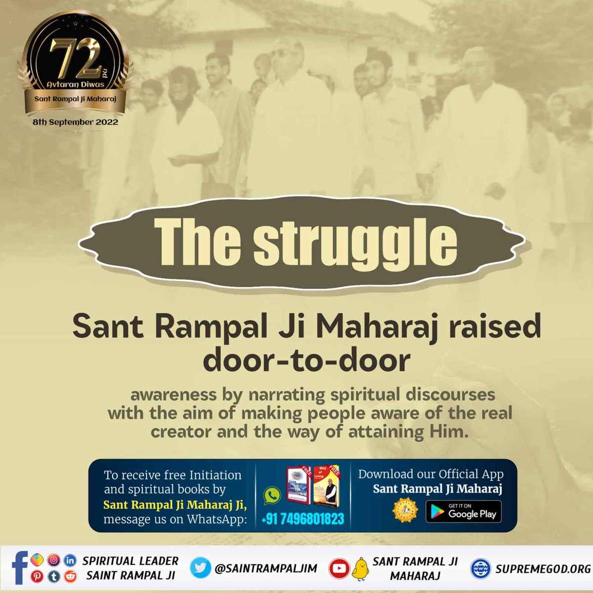RahJeene's tweet photo. #విశ్వకళ్యాణం_కోసం_సంఘర్షణ

The struggle (@SaintRampalJiM ) raised door - to - door awareness by narrating spiritual discourses with the aim of making people aware of the real creator and the way of attaining Him. 

4 Days Left For Avataran Diwas https://t.co/3ULa1IAL9N