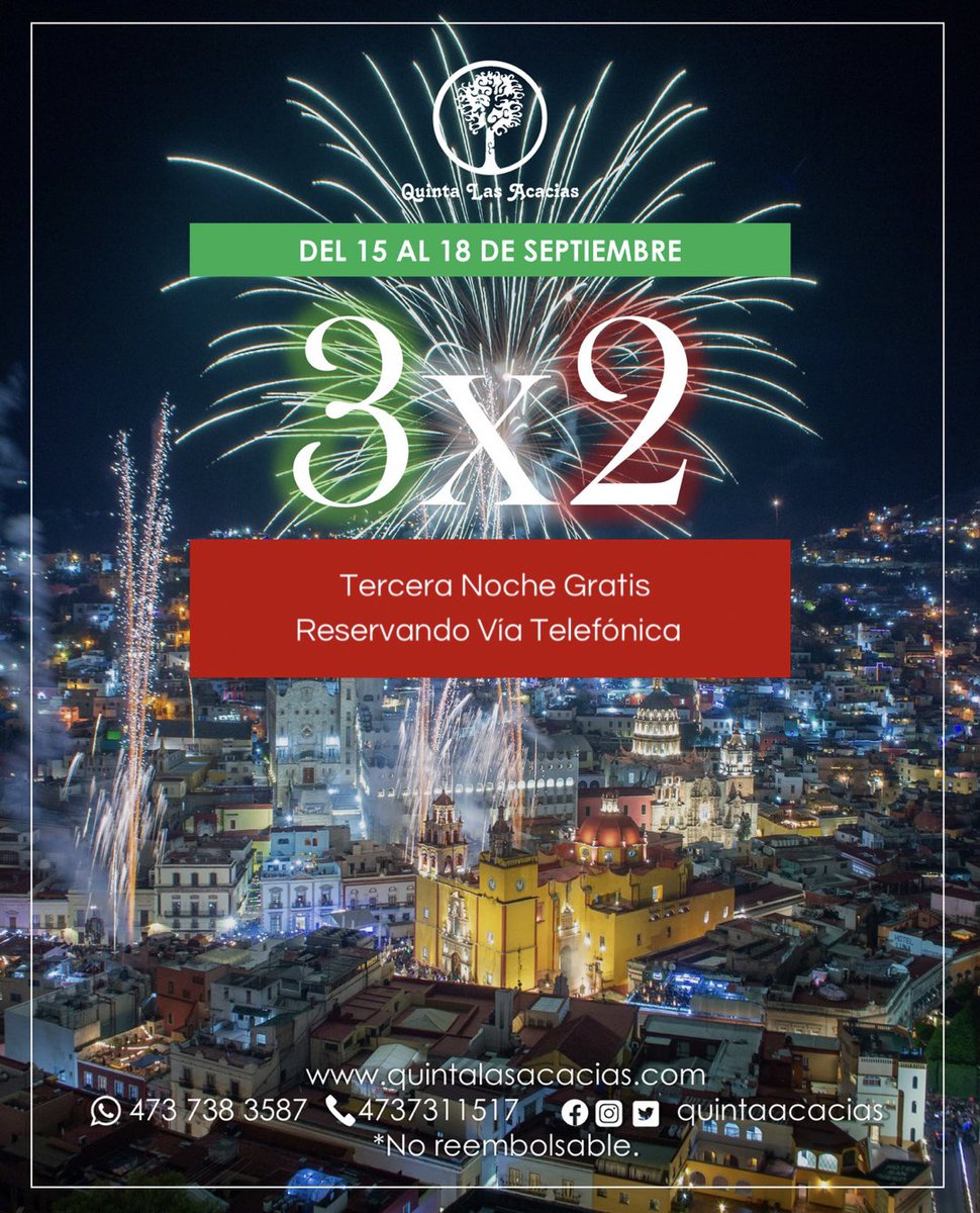 QuintaAcacias's tweet photo. ¡Celebra las Fiestas Patrias en Guanajuato y descansa con nosotros!🇲🇽🎉
Reserva directamente vía telefónica del 15 al 18 de septiembre y la tercera noche será gratis mencionando esta promoción. 📞🛏🏷

RESERVA 🛎
📲473 738 3587
☎️473 731 1517
.

#guanajuatocapital #guanajuato https://t.co/ISGGvrfnWi