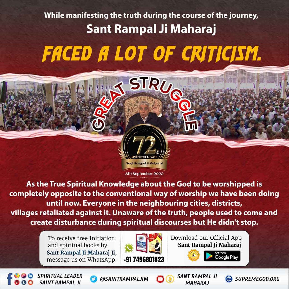 Preetmehta1313's tweet photo. #విశ్వకళ్యాణం_కోసం_సంఘర్షణ
While manifesting the truth during the course of the journey, Sant Rampal Ji Maharaj FACED A LOT OF CRITICISM.

4 Days Left For Avataran Diwas https://t.co/d1SGOlsEdN