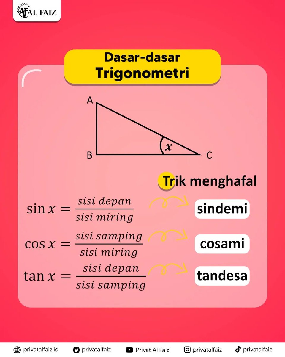 Privatalfaiz's tweet photo. DASAR-DASAR TRIGONOMETRI

Hallo Bestie Al Faiz! Materi ini ada di ujian semester dan juga di UTBK TKA MTK loh.

Coba kalian pahami dulu materinya ya.. https://t.co/Y7Jgm0lJlD