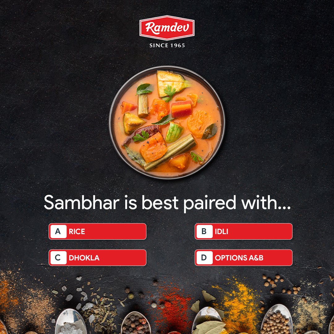 Ramdev_Food's tweet photo. Who doesn't love a delicious south Indian meal?! If you do, then you should be able to answer this question!
#Sambhar #Ramdev #RamdevStore #RamdevMasala https://t.co/dwheYMsleW