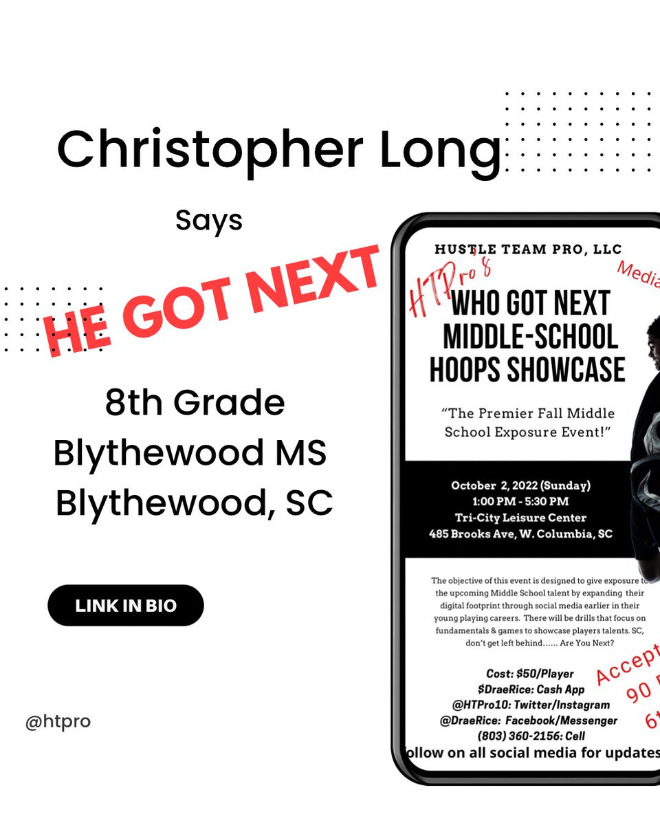 HTPro10's tweet photo. HTPro’s “WHO GOT NEXT”
MIDDLE-SCHOOL HOOPS SHOWCASE 2022
🗣 MS Hoopers Low Country, Pee Dee, Midlands, Upstate, NC & Ga
🗓 SUNDAY, OCTOBER 2nd‼️
📍Tri-City Leisure,
485 Brooks Ave
W. Columbia, SC
Registration Link: https://t.co/SM1yOp42MB https://t.co/30qBTOn6Cm