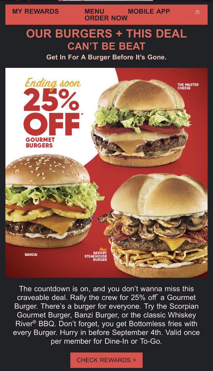 solilyquy's tweet photo. @redrobinburgers Chose RR for dinner tonight because we had a 25% off promo for gourmet burgers. Get seated only to be told they’re having system issues &amp; can’t do gift cards or rewards. Would be nice if patrons showed email that RR could honor it. Not good for business. https://t.co/UxORzGz3RX
