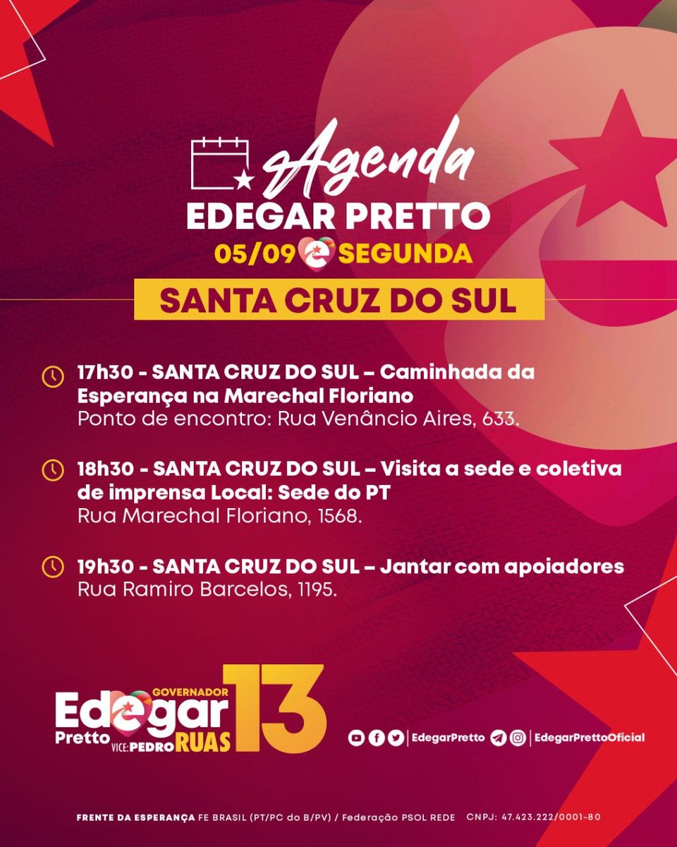 HeckAlberto's tweet photo. Nesta segunda-feira, dia 5, Edegar Pretto, nosso candidato a Governador, estará em Santa Cruz do Sul. Uma agenda de reuniões, entrevistas e caminhada.
#EdegarPrettoGovernador13 #Lula13 #OlivioSenador131 #AlbertoHeck13600 #PraVencer https://t.co/gh8ZqBZDSU