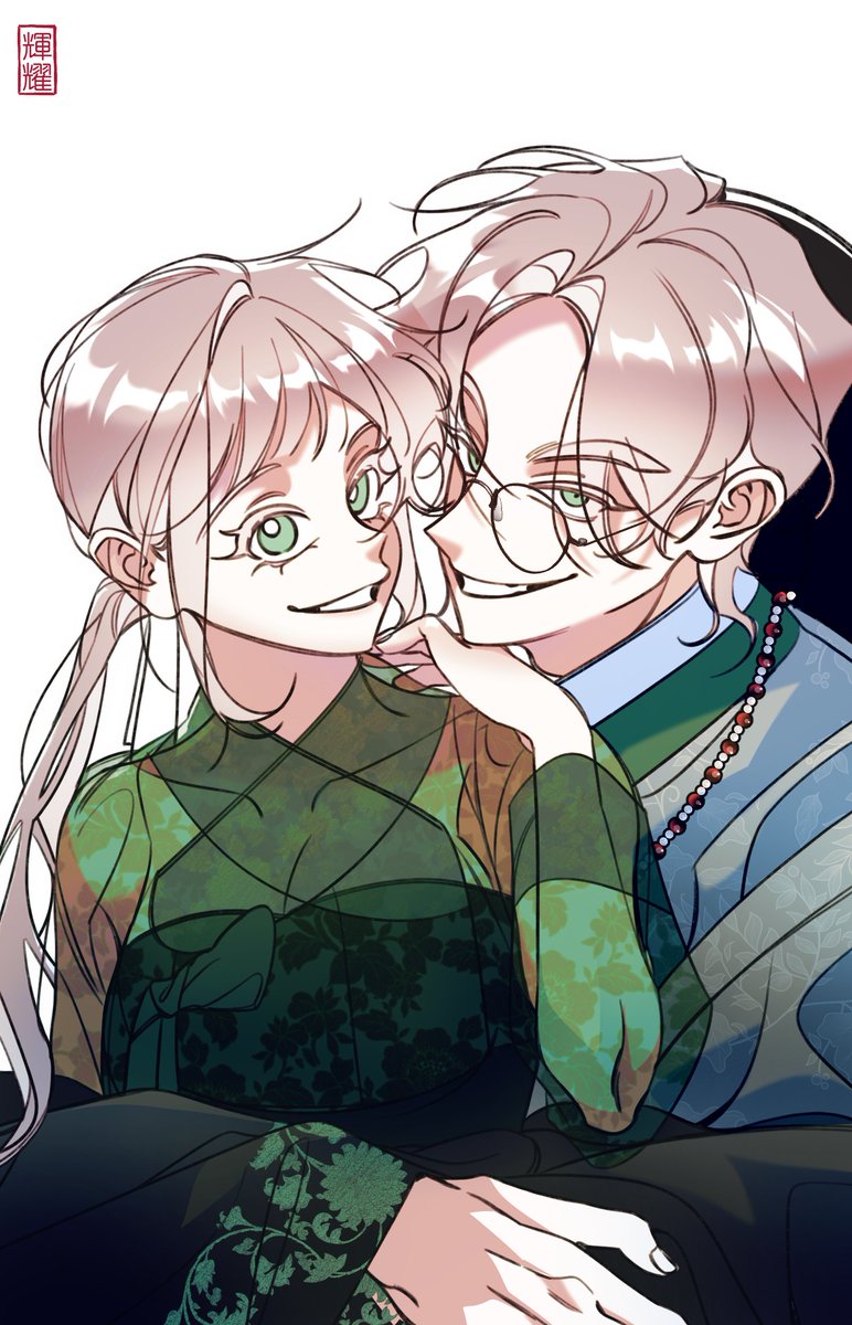 1girl 1boy green eyes twintails smile glasses looking at viewer  illustration images