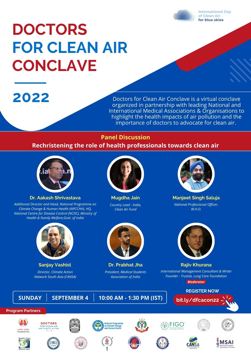 CANSouthAsia's tweet photo. Its today! Doctors for Clean Air Conclave #DFCACon: Panel discussion spotlights health impact of #airpollution & importance of advocating #CleanAir. Learn how to fight for #CleanAir.
Sept 4 | 10 AM-1:30 PM
Register: https://t.co/3ObQWjwXwv
#DFCACon22 #TheAirWeShare #RxCleanAir https://t.co/QRs1gKcj3q
