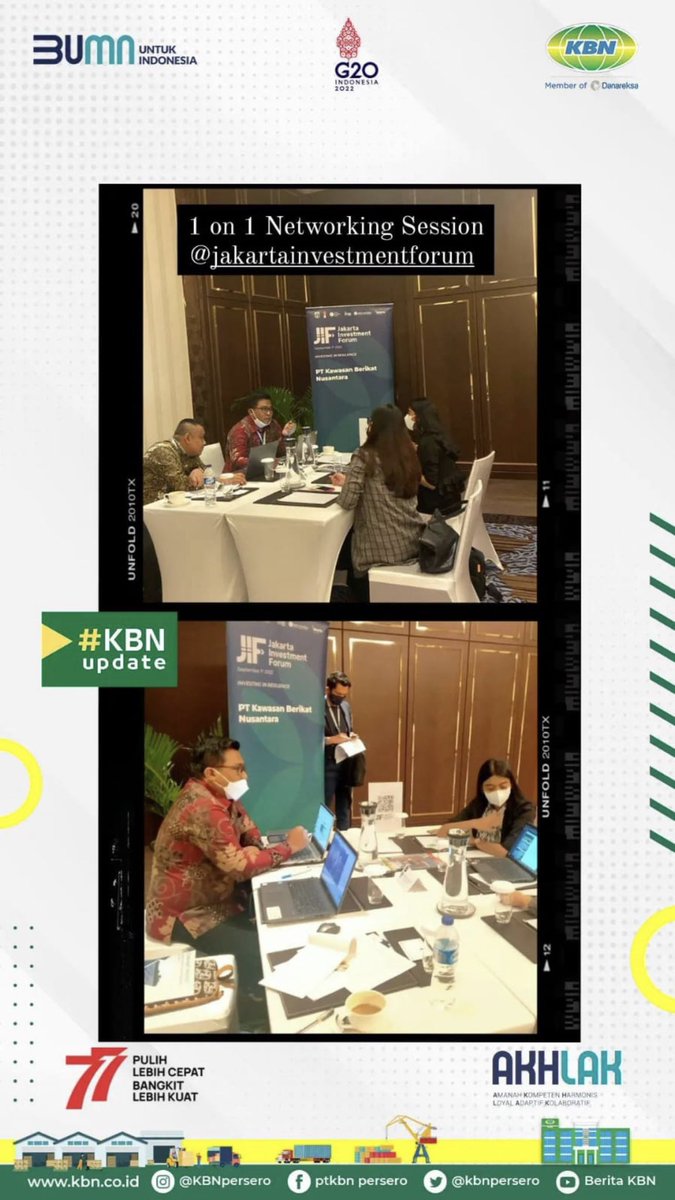 KBN_ID's tweet photo. 1 on 1 meeting pada event Jakarta Invesment Forum (JIF), sebanyak 15 Perusahaan yang terkonfirmasi akan berdiskusi dengan PT.KBN. Bravo KBN๐๐ป๐ช๐ป
#jakartainvestmentforum
#JIF2022
#PTKBN
#KBNTOP
#BUMNUntukIndonesia
#JakartaKotaKolaborasi https://t.co/6XXX1aii54