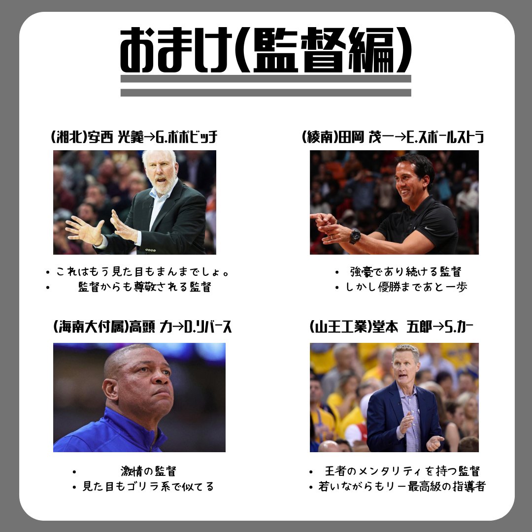タル Nbaを見てる人 綾南 仙道はもっとスマート 体型含め なイメージですが こいつなら というチームからの信頼度がドンチッチにマッチしていると思います 魚住は正直良い選手が見つかりませんでした 福ちゃんがウィギンズなのは我ながら