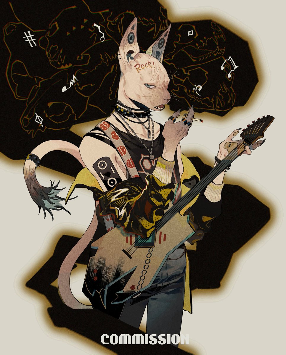 furry instrument furry male tail solo guitar 1boy  illustration images