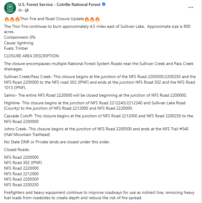 EWFIREANDHAZARD's tweet image. #ThorFire 
Pend Oreille County
9/3/22

Date of Origin: AUGUST 13, 2022
Location: 4.5 MILES EAST OF SULLIVAN LAKE
Size (approx): 800 ACRES
Containment: 0%
Cause: LIGHTNING

ROAD CLOSURES IN EFFECT