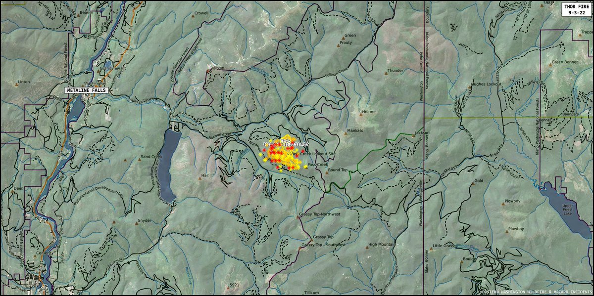 EWFIREANDHAZARD's tweet image. #ThorFire 
Pend Oreille County
9/3/22

Date of Origin: AUGUST 13, 2022
Location: 4.5 MILES EAST OF SULLIVAN LAKE
Size (approx): 800 ACRES
Containment: 0%
Cause: LIGHTNING

ROAD CLOSURES IN EFFECT