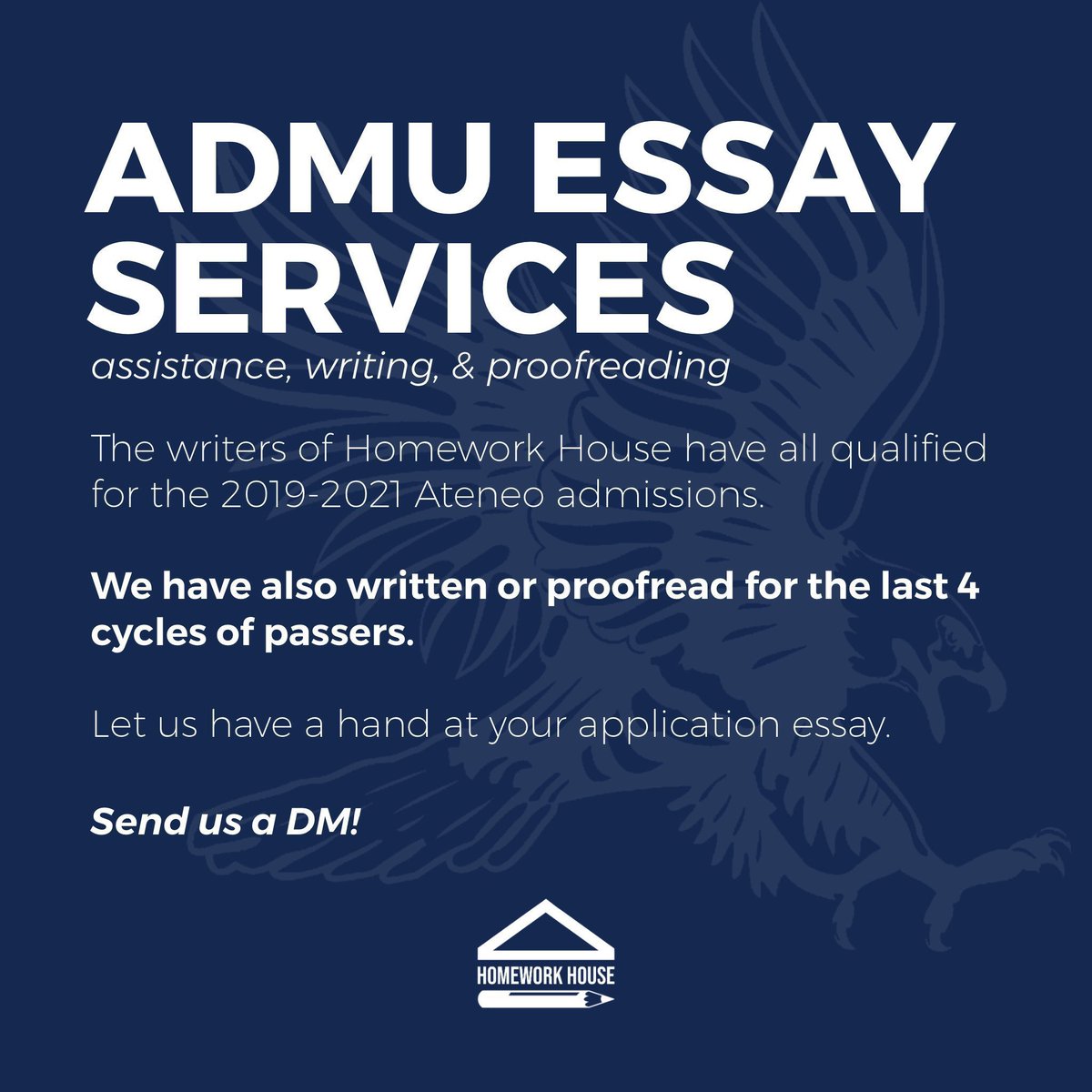 HomeworkHousePH's tweet image. OPEN FOR ATENEO COMMS 🏠📝‼️

A good essay could just be your ticket to securing a slot 😳

We could be the last push you need to make your application easier. DM for inquiries! 🏠📝

# lf comm comms commission college application admu applications essay client commissioner