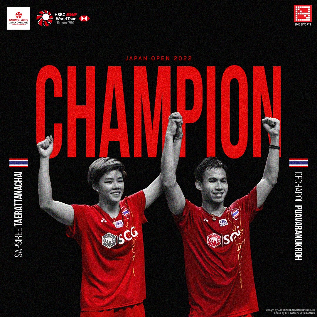 SNE_Sports's tweet photo. Japan Open 2022: TAERATTANACHAI/PUAVARANUKROH wins the Mixed Double!
This is their 3rd time winning this year!
Congrats #TeamTHA Thailand!
#JapanOpen2022 #Thailand #TeamTHA #MixedDouble https://t.co/e0zFClLuGd