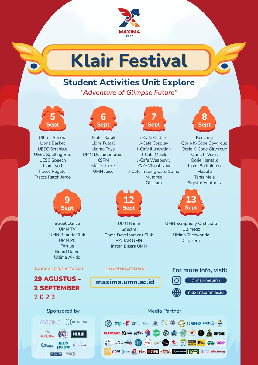 🌌[𝙎𝙤, 𝙗𝙚𝙛𝙤𝙧𝙚 𝙮𝙤𝙪 𝙜𝙤...]🌌

Loh, mau pergi ke mana? Ke Klair Festival dong pastinya!🤩🌠
Persiapkan diri kalian ya Maximers, karena 𝗯𝗲𝘀𝗼𝗸 kita akan berpetualang di 𝗞𝗹𝗮𝗶𝗿 𝗙𝗲𝘀𝘁𝗶𝘃𝗮𝗹! Sampai bertemu besok~✨

#MAXIMA2022
#AdventureOfGlimpseFuture