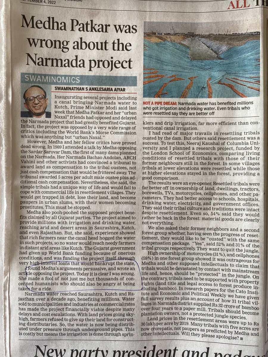 MinhazMerchant's tweet photo. #MedhaPatkar “made a fool of not just me but thousands of concerned humanists who should also be angry for being taken for a ride,” writes @swaminomics⁩. It’s taken him 3 decades to see what stared him in the face when the #NarmadaDam agitation began in 1989. https://t.co/UUXaT7VYOI
